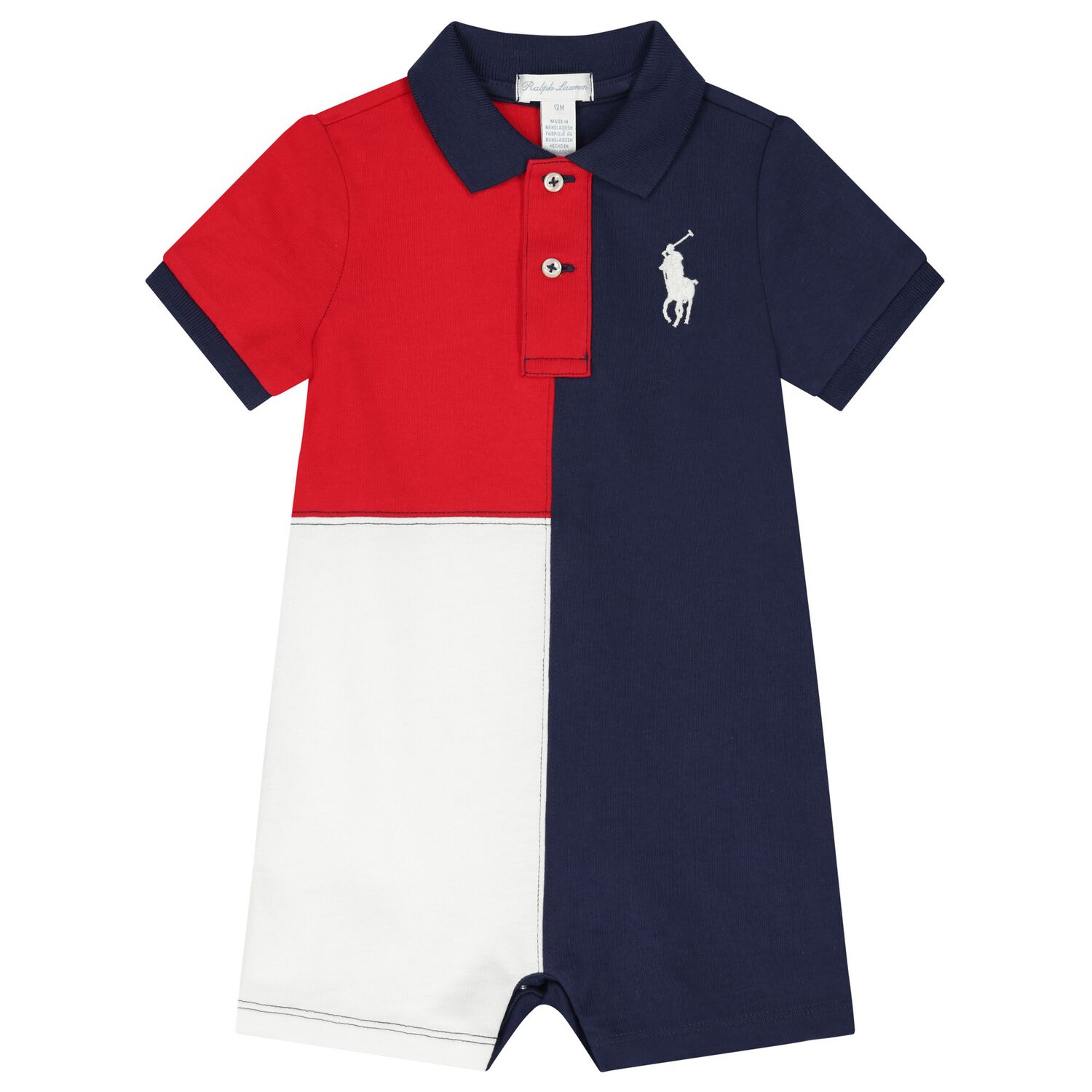 Ralph Lauren Baby Boys White, Red Navy Blue Logo Polo Romper