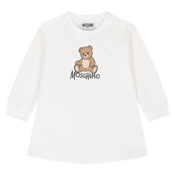 Younger Girls White Teddy Bear Logo Dress