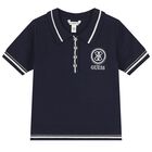 Girls Navy Blue Logo Knitted Polo Shirt, 2, hi-res