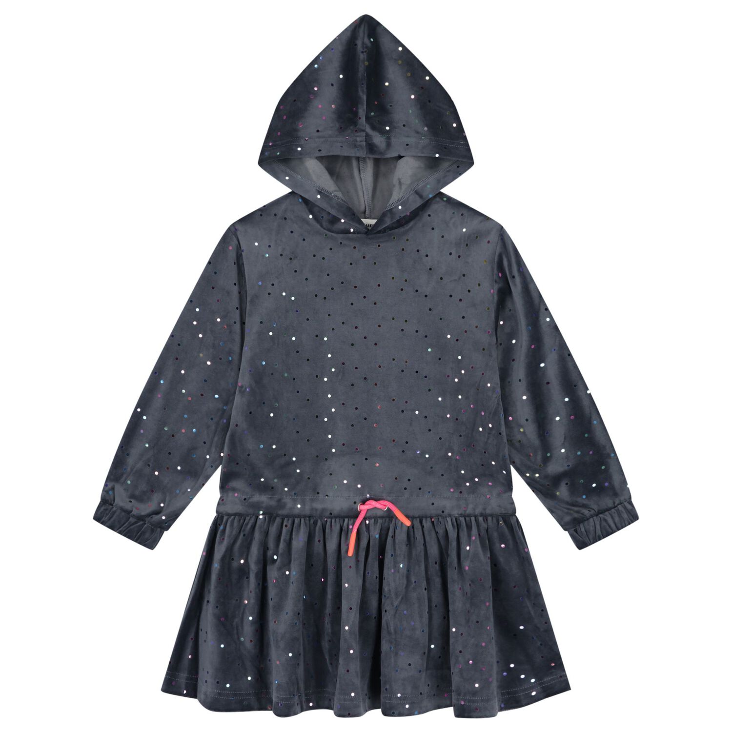Girls Grey Dot Hooded Dress, 1, hi-res
