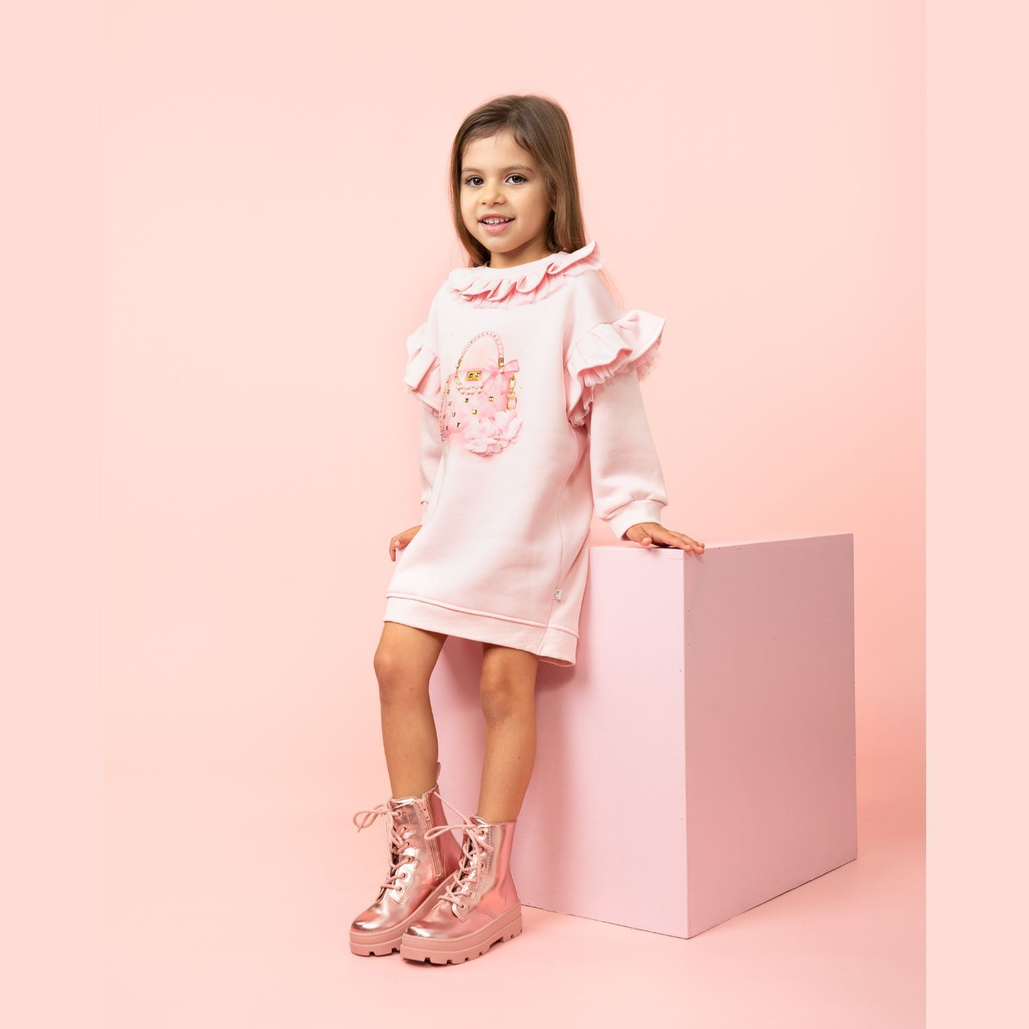 Girls Pink Logo Bag Ruffled Dress, 2, hi-res image number null
