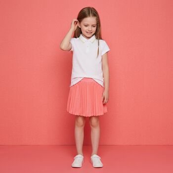 Girls White & Neon Pink Pleated Dress