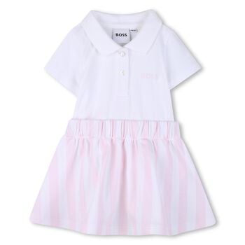 Younger Girls White & Pink Striped Polo Dress