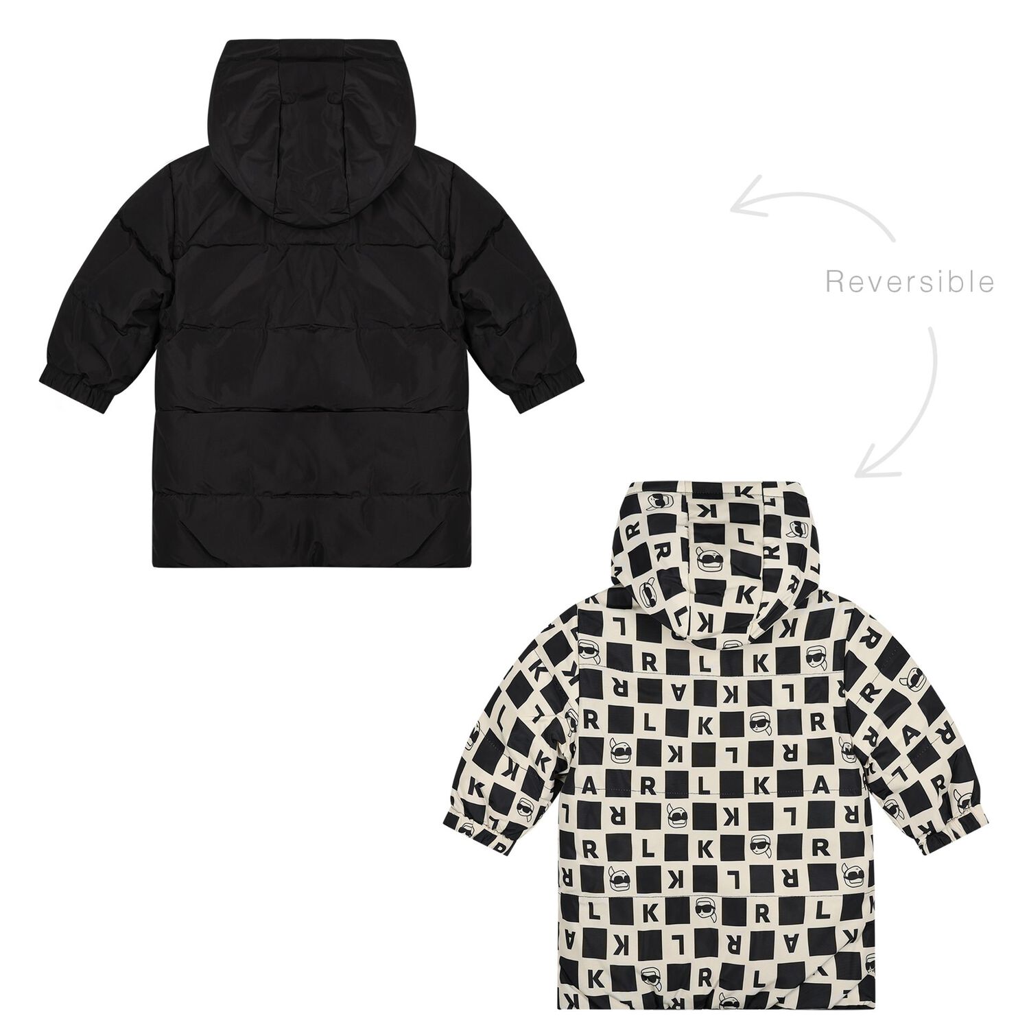 Younger Boys White & Black Ikonik Karl Reversible Puffer Jacket, 1, hi-res