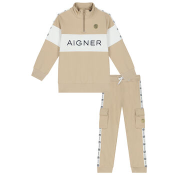 Boys Beige Logo Tracksuit