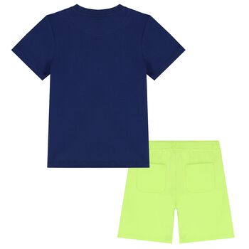 Boys Navy Blue & Green Logo Shorts Set