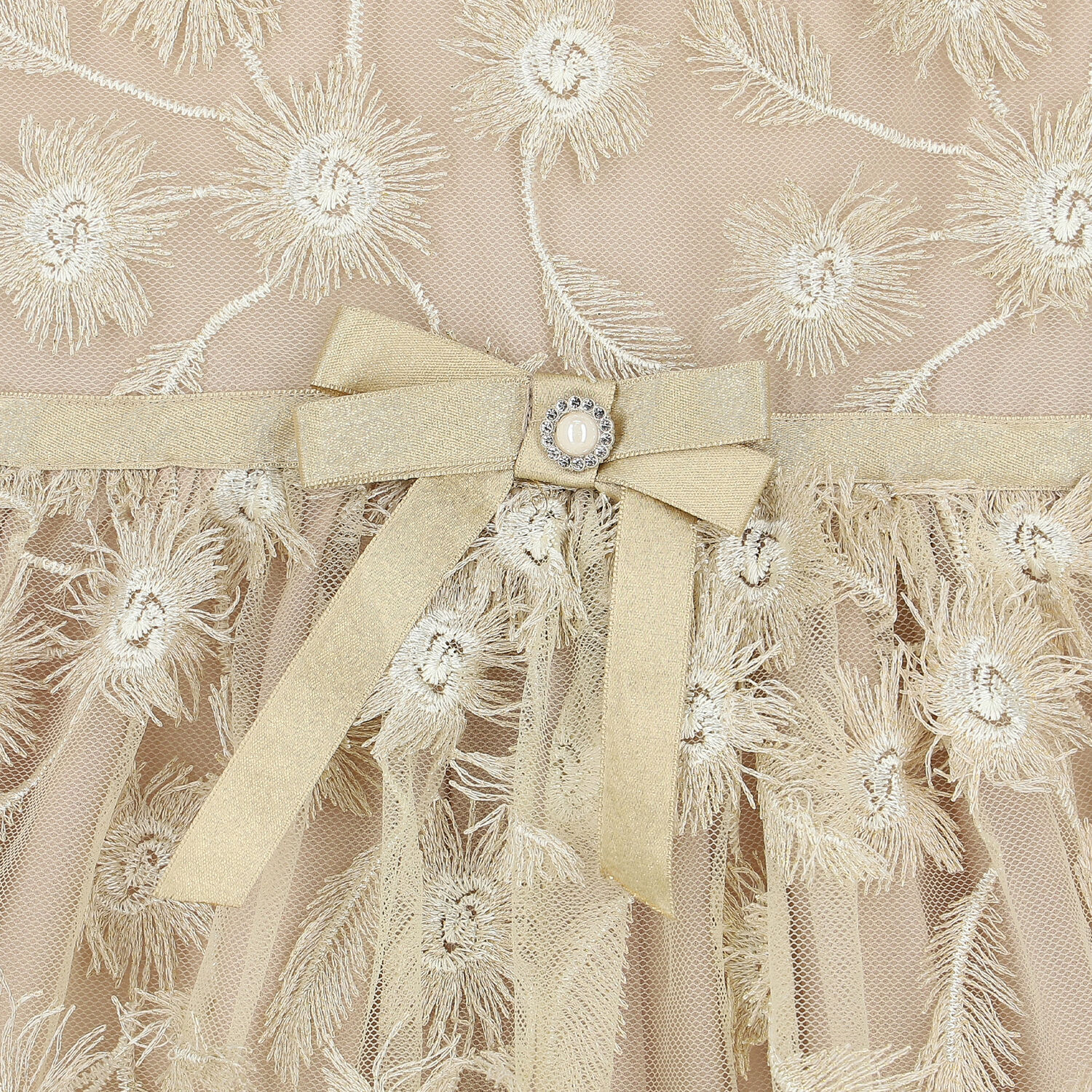 فستان بنات تول بالزهور باللون الذهبى, 1, hi-res