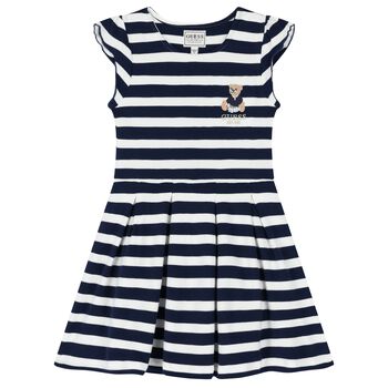 Girls White & Navy Blue Striped Dress