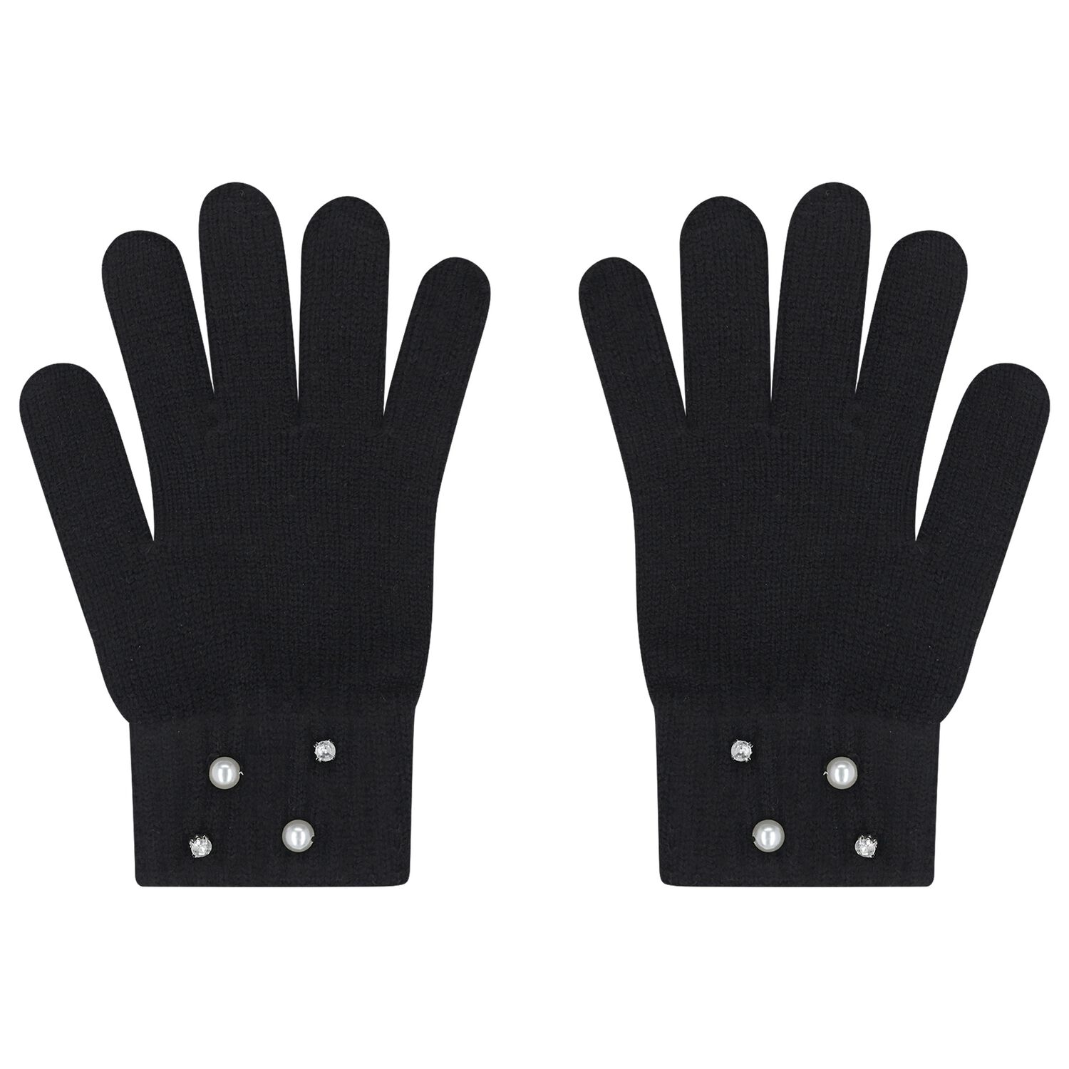 Girls Black Embellished Knitted Gloves, 2, hi-res