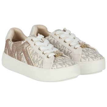 Girls Ivory & Gold logo Trainers