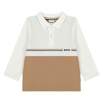Younger Boys White & Beige Logo Polo Shirt