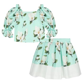 Girls Green Floral Skirt Set