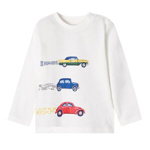 Younger Boys Ivory Cars Long Sleeve Top