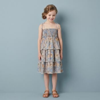 Girls Blue & Beige Floral Tiered Dress