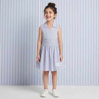 Girls White & Blue Striped Dress