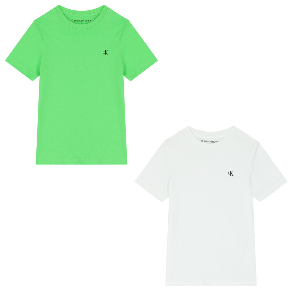 Calvin Klein Boys White ( Green ) Junior Logo T-Shirts | 2-Pack Couture & USA