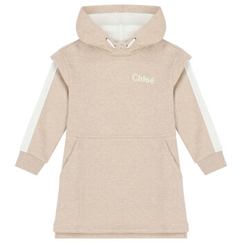 Girls Beige Logo Hooded Dress