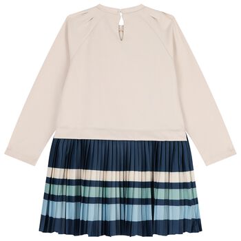 Girls Beige Striped Pleated Dress