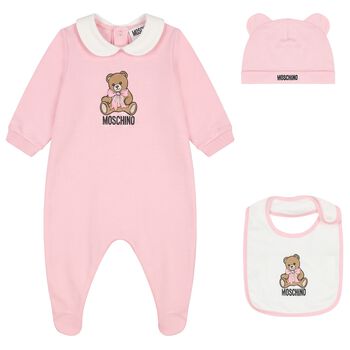 Baby Girls Pink & White Teddy Bear Logo Babygrow Gift Set