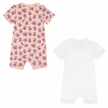 Baby Girls White & Pink Teddy Logo Rompers (2 Pack)