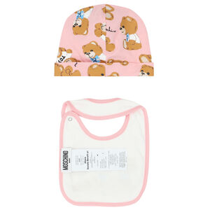 Pink & Ivory Teddy Logo Hat & Bib Set