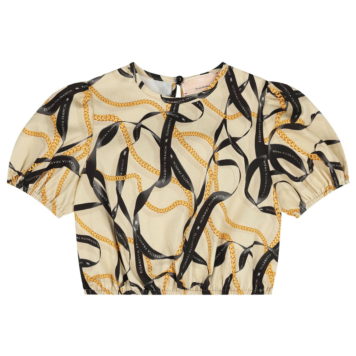 Girls Beige & Black Puffed Sleeve Top, 1, hi-res