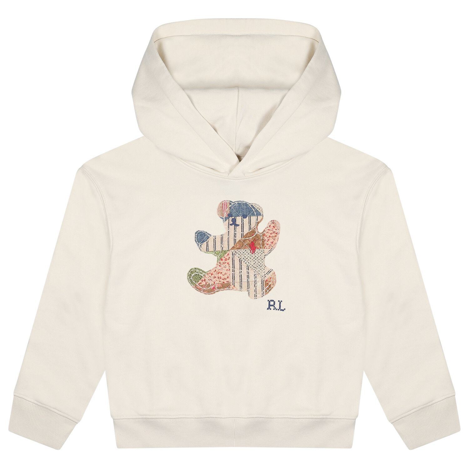 Girls Ivory Patchwork Bear Hooded Top, 1, hi-res