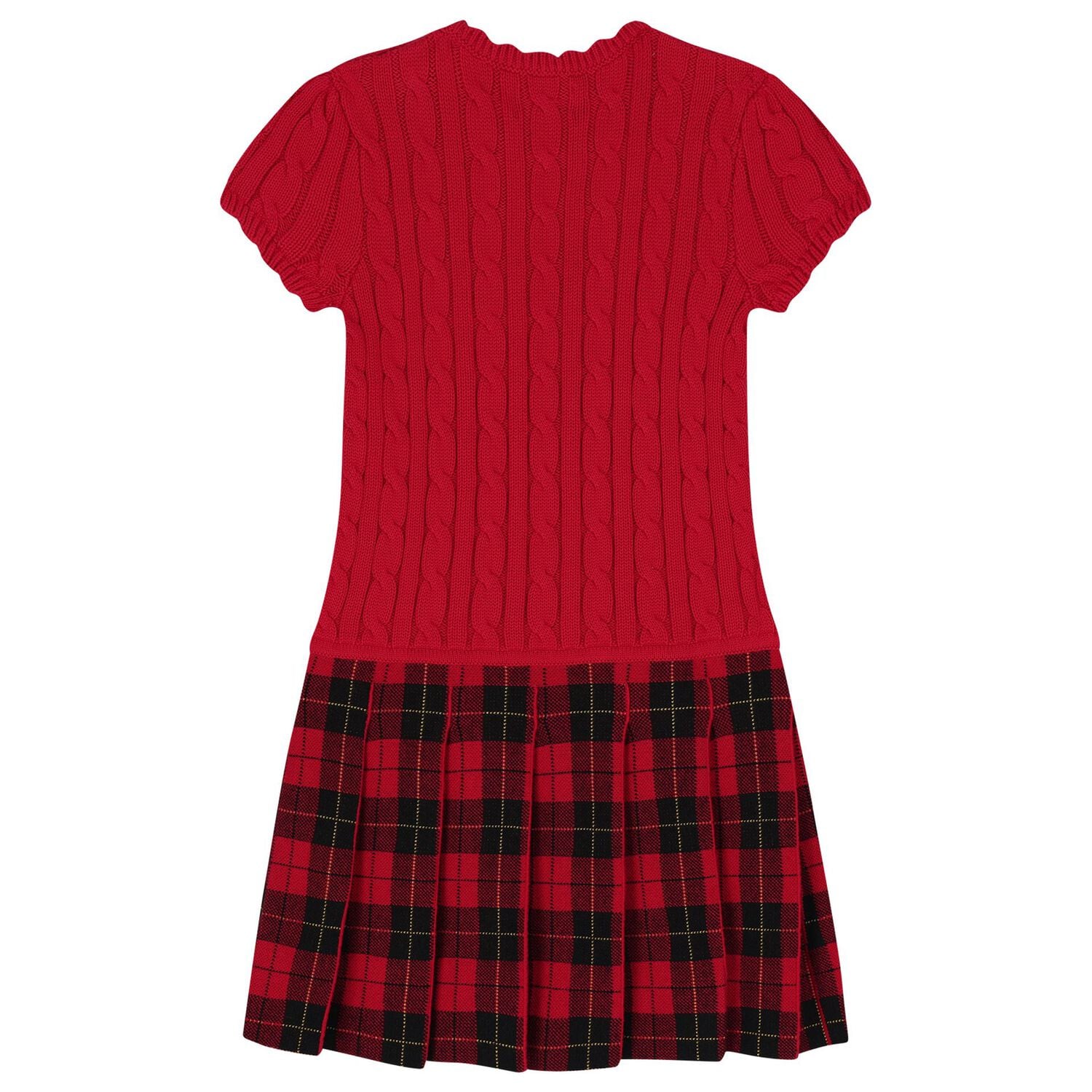 Girls Red Cable Knit & Tartan Dress, 1, hi-res