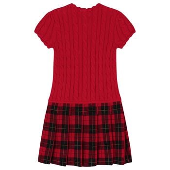Girls Red Cable Knit & Tartan Dress