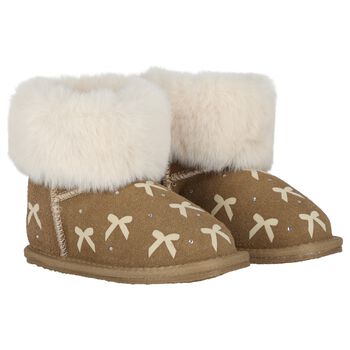 Girls Beige Suede Leather Bow Boots