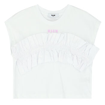 Girls White Ruffled Logo Top