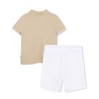  Younger Boys Beige & White Logo Shorts Set, 1, hi-res