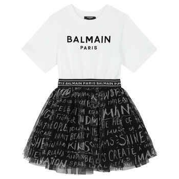 Girls White & Black Logo Dress