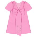 Girls Pink Bow Puff Sleeve Dress, 1, hi-res