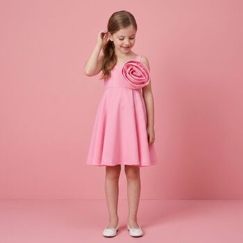 Girls Pink Satin Floral Applique Dress