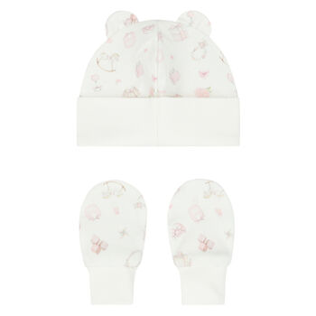 Baby Girls Ivory & Pink Hat & Mittens Set