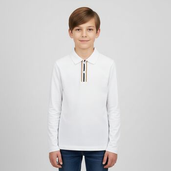 Boys White Logo Long Sleeve Polo Shirt, 2 Boys White Logo Long Sleeve Polo Shirt