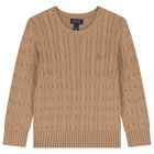 Boys Beige Logo Cable Knit Jumper, 1, hi-res