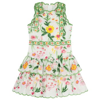 Girls White & Green Embroidered Floral Dress