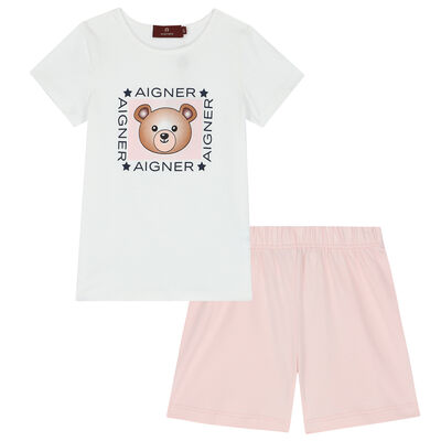 Girls White & Pink Teddy Logo Pyjamas