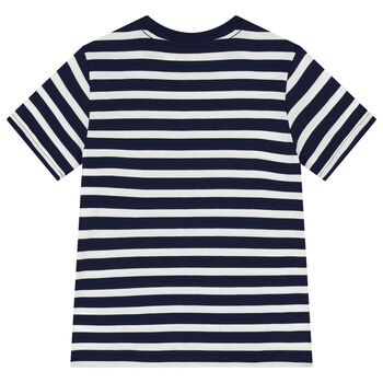 Boys White & Navy Blue Logo Striped T-Shirt