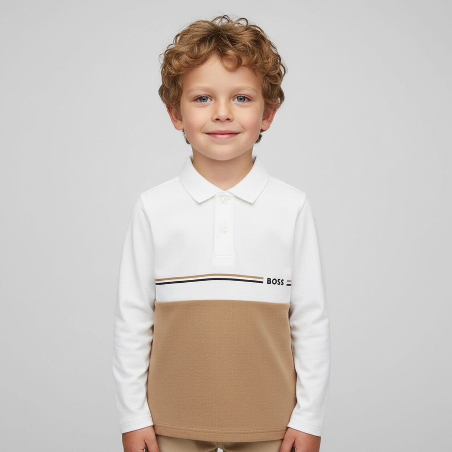 Younger Boys White & Beige Logo Polo Shirt, 2, hi-res