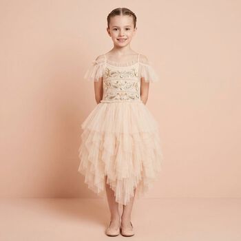 Girls Beige Embellished Tulle Dress