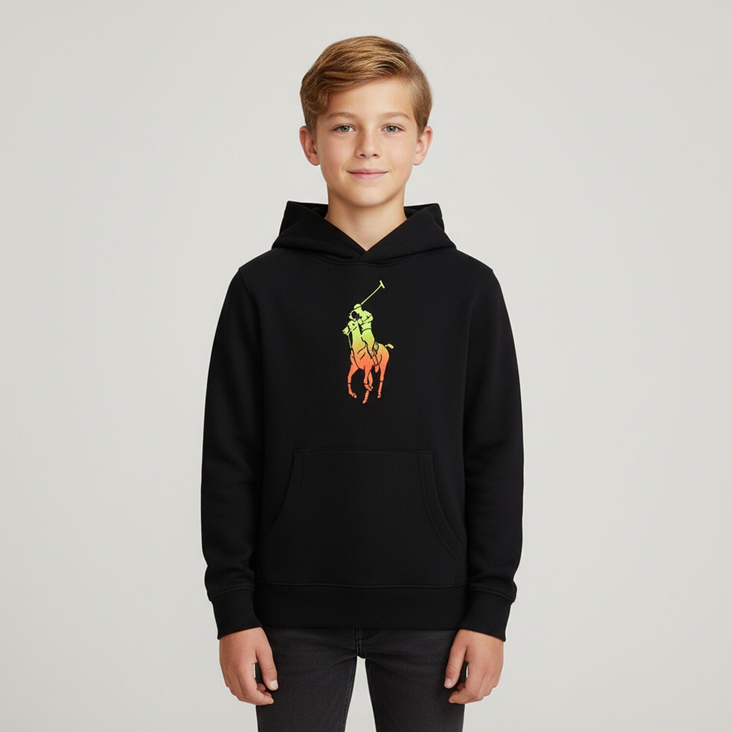 Boys Black Logo Hooded Top, 2, hi-res