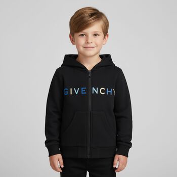 Younger Boys Black Logo Hooded Zip Up Top