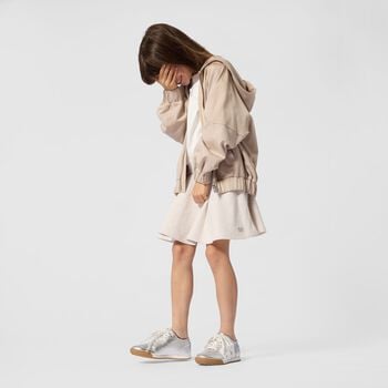 Girls Beige Embellished Hooded Zip Up Top
