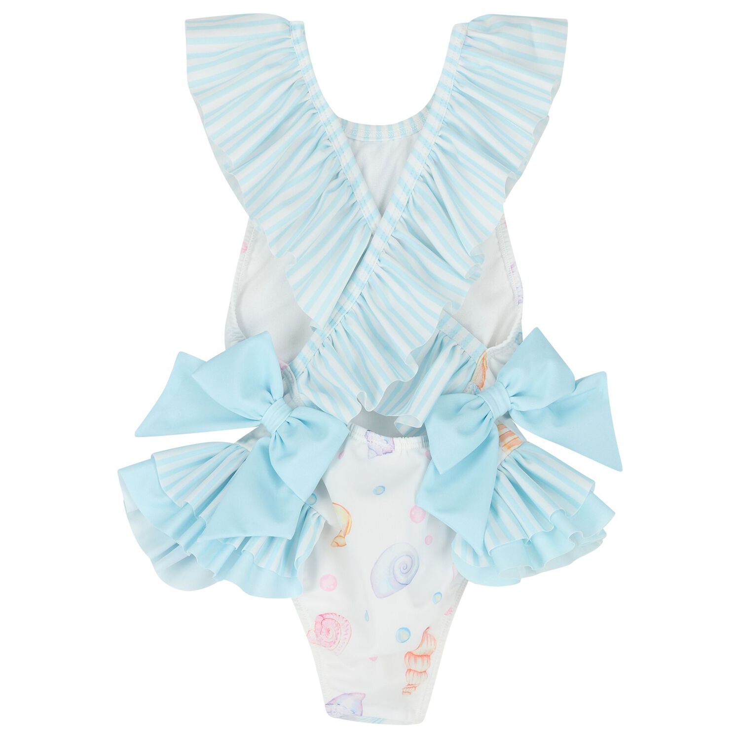 Girls White & Blue Seashells Swimsuit, 3, hi-res