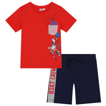 Boys Red & Navy Blue Dogs Shorts Set