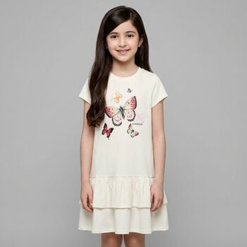 Girls Ivory Butterflies Logo Dress