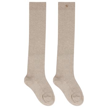 Girls Beige Knit Knee High Socks